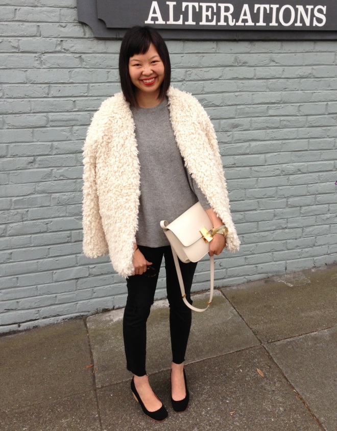h&m trend shaggy jacket with ivory celine box bag