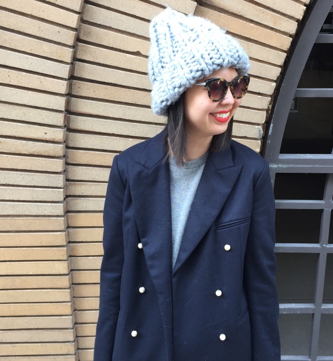 h&m chunky knit beanie and celine pearl button blazer