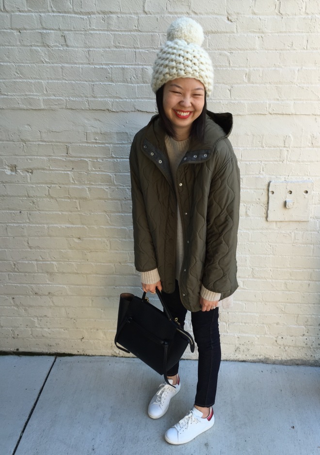 pom beanie by nessa vendetta knits, stella mccartney quilted coat and celine belt bag