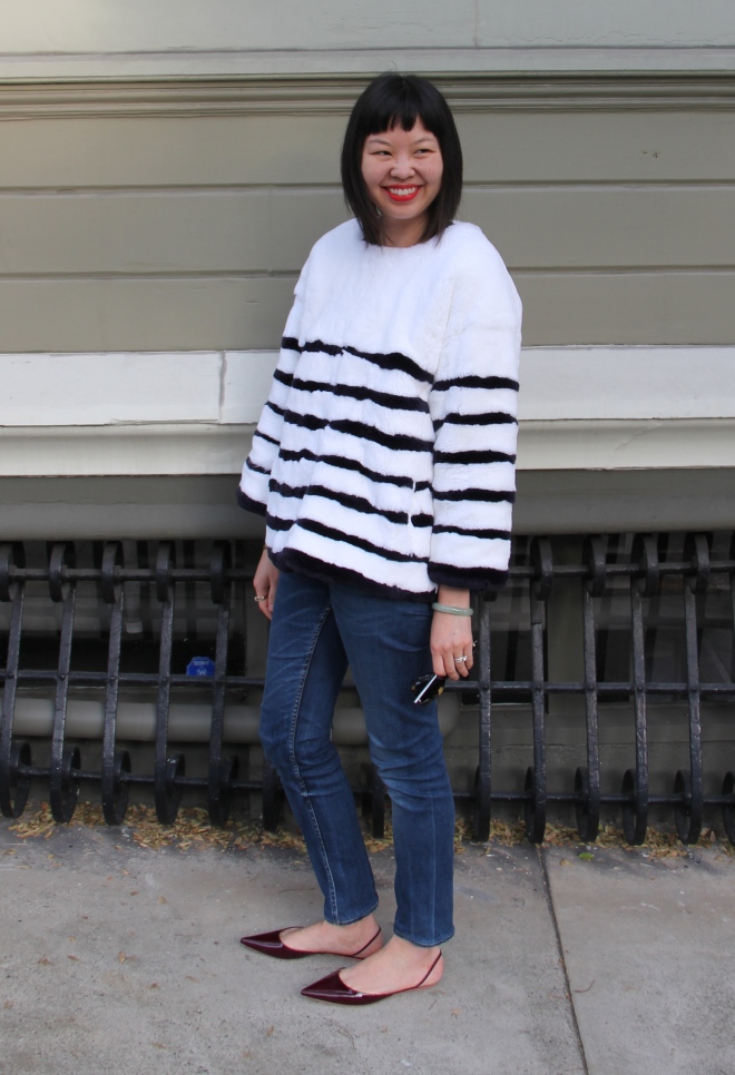 les nouvelles striped fur pull-over top with acne jeans and rochas slingbacks