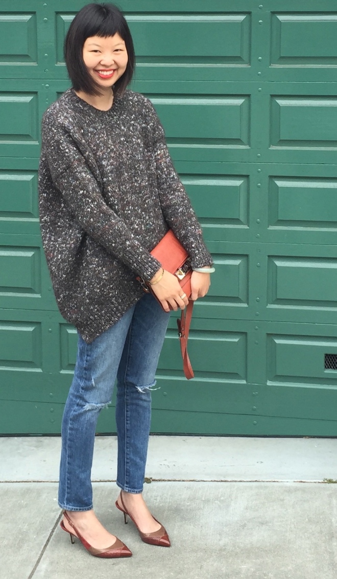 stella mccartney asymmetrical chunky knit sweater and paige denim ankle peg jeans